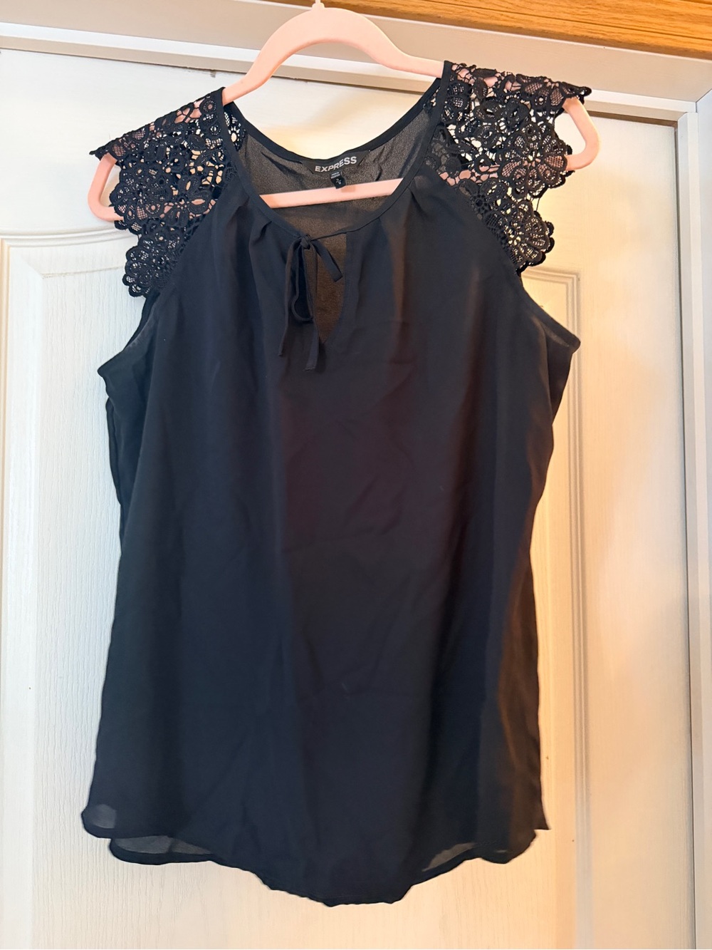 Express Black Lace-Shoulder Tie-Neck shirt